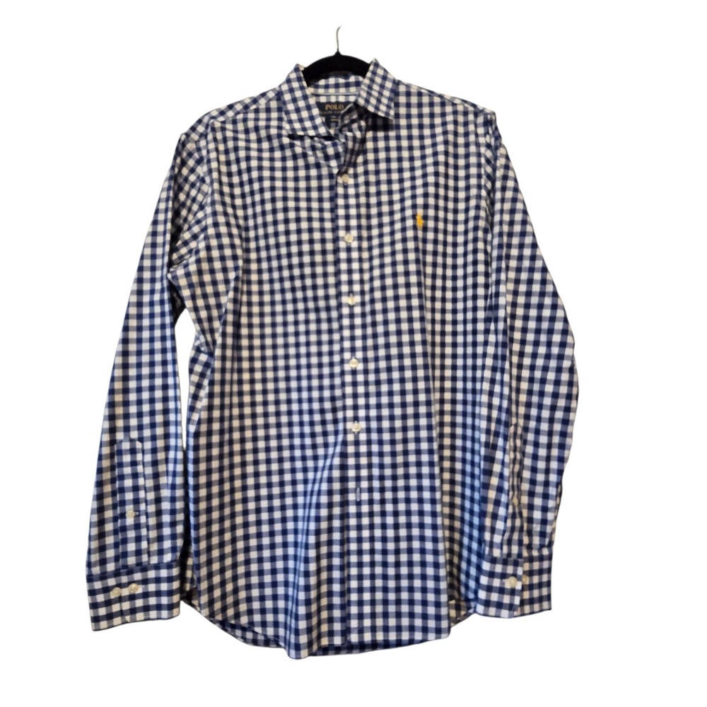 Polo Ralph Lauren Check Shirt Mens M Blue Gingham Preppy Button Up Yellow Pony